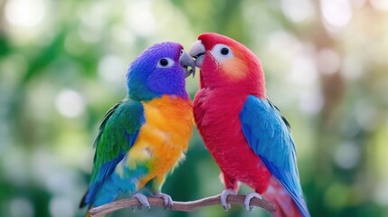 Fototapeta premium Colorful parrots kissing on a branch