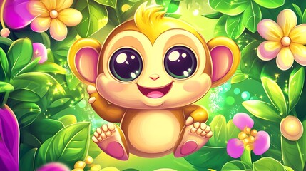 Adorable jungle monkey surrounded by flowers and foliage.