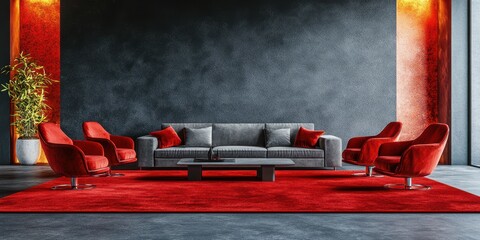 Stylish modern living room featuring a gray sofa and red accent chairs with a vibrant rug in a contemporary setting
