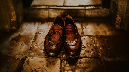 Elegant brown leather loafers on weathered stone surface conveying sophistication