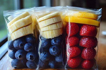 Freshly packed fruit bags with strawberries, blueberries, and banana slices on a wooden table