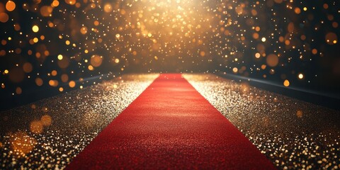 Red carpet leading to bright lights and glitter at a glamorous event during the evening