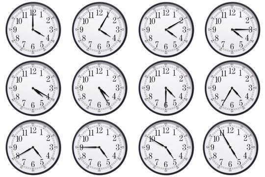 A sequence of 12 analog clocks showing each hour from 04:00 to 04:55 or 16:00 to 16:55. Clean white background ideal for concepts related to time, punctuality, or scheduling