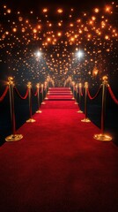 Lush red carpet path leading to a glamourous gala with sparkling lights overhead in an elegant venue