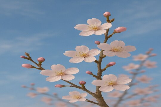 Realistische Kirschbl&uuml;ten vor blauem Himmel &ndash; Fr&uuml;hling in voller Bl&uuml;te