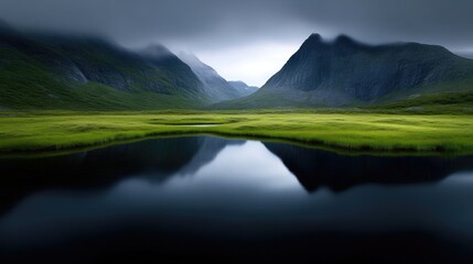Serene mountain lake reflecting dramatic sky.  Misty peaks mirrored in still water, vibrant green valley