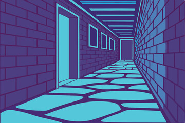 Neon Hallway Illustration Surreal Cartoon Corridor in Purple & Blue Tones