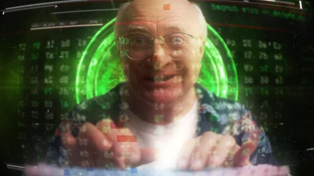 Grandpa hacker hijacking spaceship in sci-fi engine core room, glitchy screen