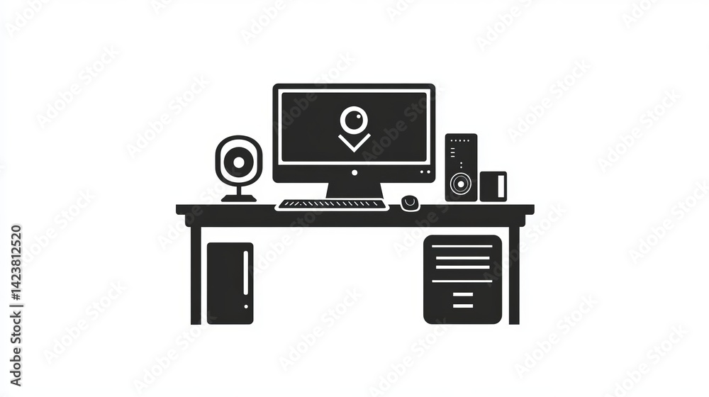 Poster modern computer setup workspace minimalist design black and white desktop icon computer technology d