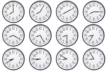 A sequence of 12 analog clocks showing each hour from 08:00 to 08:55 or 20:00 to 20:55. Clean white...