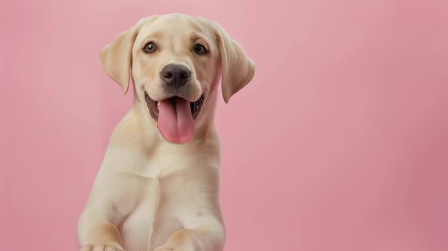 Happy labrador puppy waving his paw on pink background. Cute dog raising hand in greeting gesture. Cheerful pet saying hello video footage for pet care, animal training, veterinary promotion.