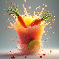 exploding splash of vibrant fruit and vegetable juice with visible fragments of lemon, carrot, celery and berries mid-air against neutral background frozen motion high-speed photography concept no log