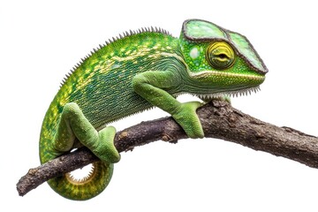 Obraz premium A vibrant green chameleon perched upon a simple wooden branch