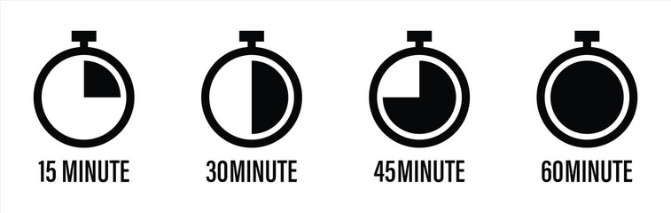 Set of Timer Icons Indicating 15, 30, 45, and 60 Minutes. Vector Illustration