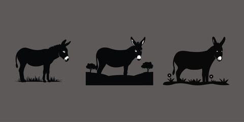 Set of Black Donkey Silhouettes in Nature Scenes