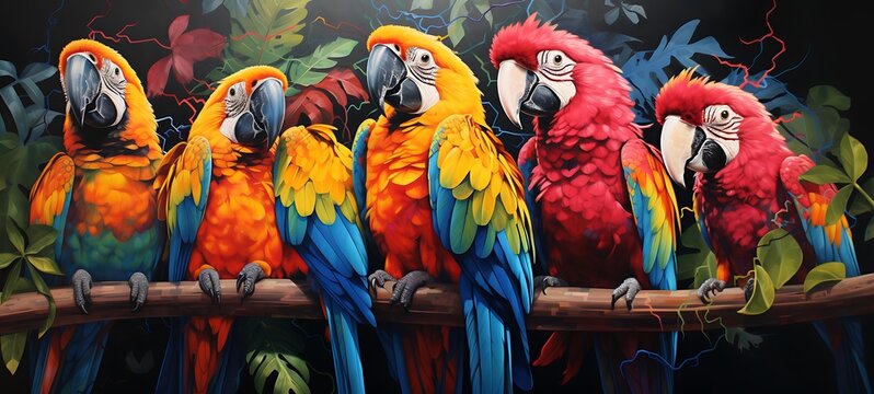 abstrak mozaic color of parrots in darkness, ai generative