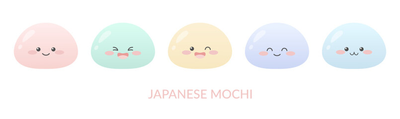 Japanese mochi set. Cute mochi characters with different faces, eyes and colors. Kawaii style in pastel colors. Asian food or dessert theme. Vector illustration on white background.