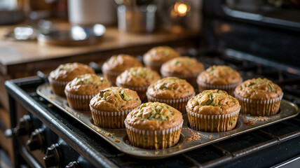 A tray of zucchini muffins cools by the stove