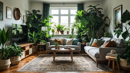 Fototapeta premium A jungle of plants surrounds the living room with life