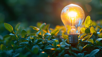 Glowing incandescent lightbulb nestled in lush green foliage, symbolizing green energy, sustainable ideas, or innovation in nature, with warm bokeh background.
