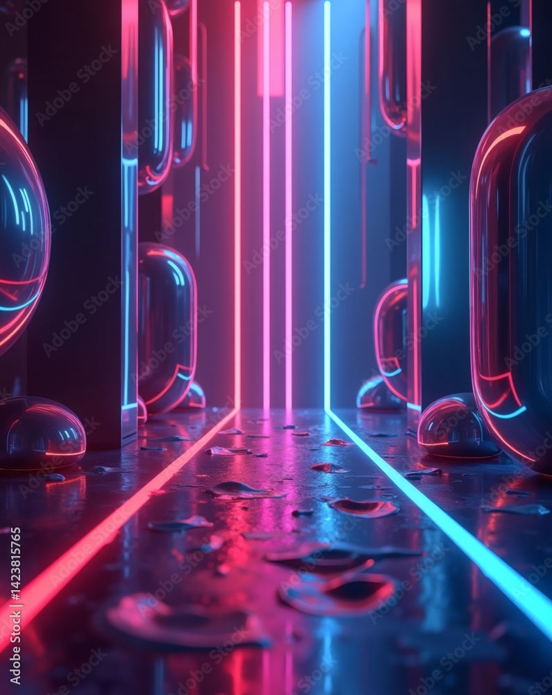 Poster a neon futuristic design with glowing lights. The image is illuminated by neon lights of pink and blue color that creates a glowing path on the floor