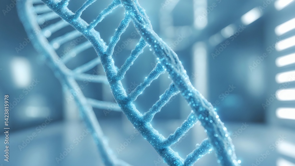 Poster a detailed depiction of a double helix DNA structure. The DNA strand is illuminated in a vibrant blue, with a blurred scientific background adding depth