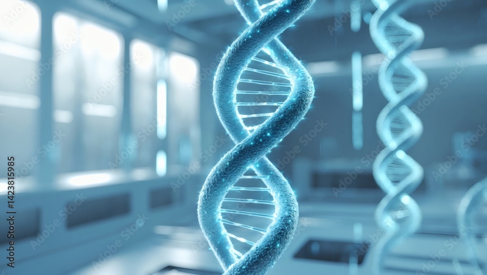 Poster a detailed and futuristic depiction of dna strands within a high-tech laboratory setting. the image 