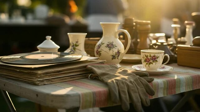 Vintage tea set and vinyl records on flea market table, warm sunlight illuminates antique treasures at outdoor collectibles fair