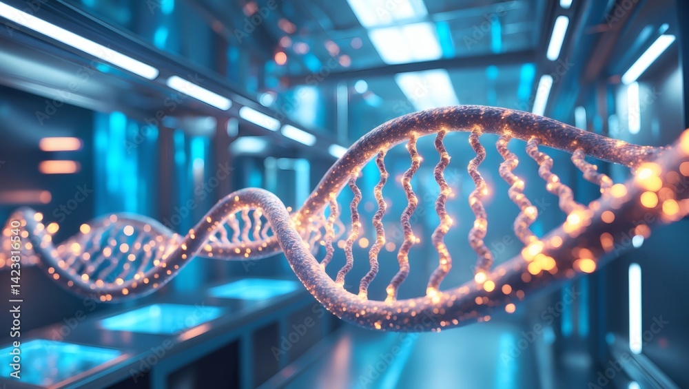 Poster A visually stunning depiction of a DNA double helix with a futuristic and advanced laboratory background, symbolizing groundbreaking advancements in science and research