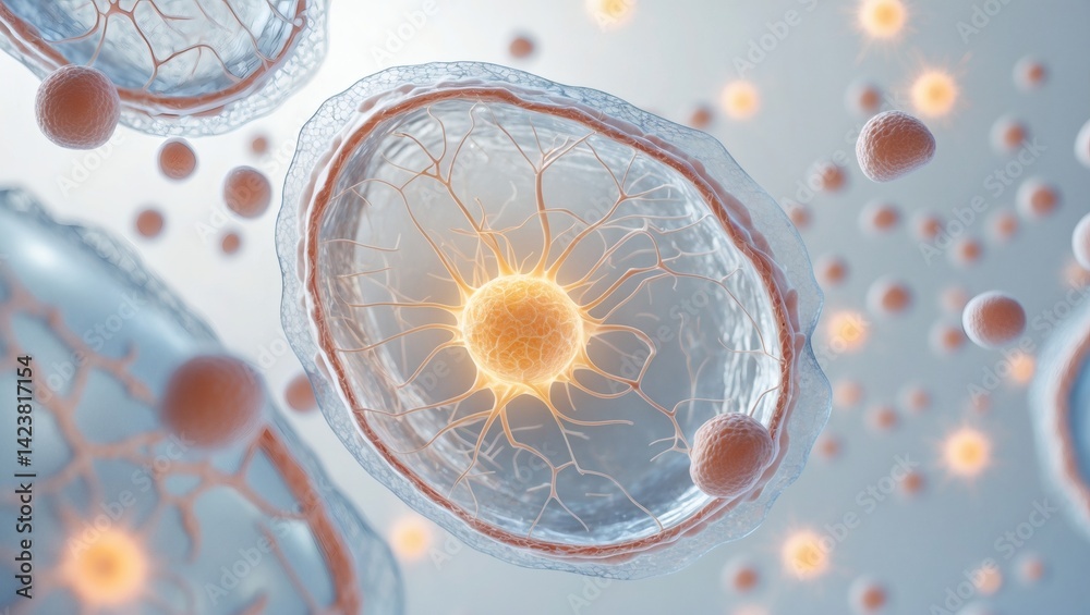 Aufkleber microscopic view of cells and structures within a cell showing an egg cell in the center surrounded by other cells.  the cell has a light yellow center with a thin transparent layer on the outside.