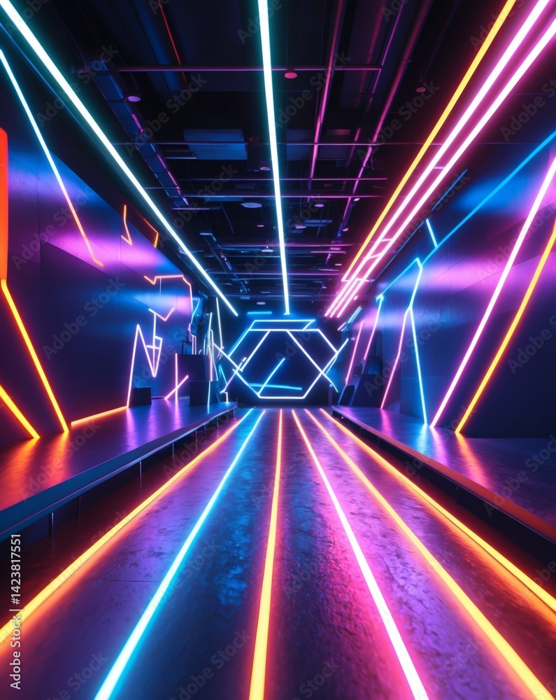 Aufkleber A futuristic tunnel illuminated by colorful neon lights, creating a vibrant and dynamic scene
