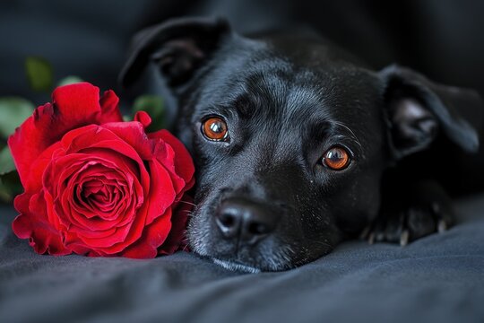 A black dog rests next to a beautiful red rose