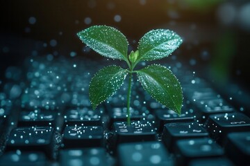 Plant emerging from keyboard in digital setting