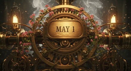 May first steampunk celebration floral gears and lights for a vintage holiday occasion design art
