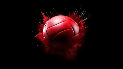 Vibrant red volleyball exploding in a dramatic burst.