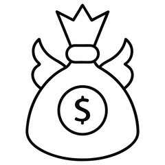 Outline illustration of a money bag with wings, dollar sign, and royal crown