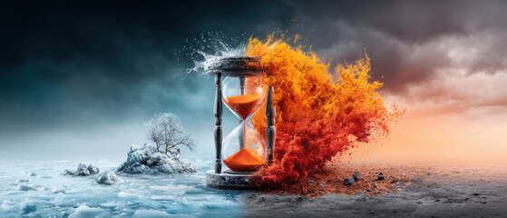 image symbolizes contrast between climate change and its impact policy decisions. hourglass represents urgency of addressing