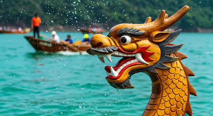 A cultural Chinese Dragon Boat Festival scene with dragon boats and traditional ornaments against a river race backdrop, macro shot, Minimalist style