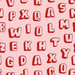 Volumetric red Font. Unique kids style modern Alphabet. Hand drawn trendy Vector illustration. Typography, lettering, calligraphy concept. Square seamless Pattern, background, wallpaper