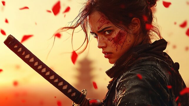 A warrior holding a katana with a shattered skyline in the background.