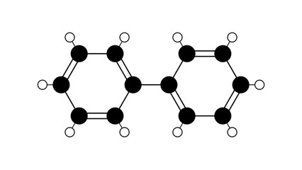 biphenyl molecule, structural chemical formula, ball-and-stick model, isolated image aromatic hydrocarbon