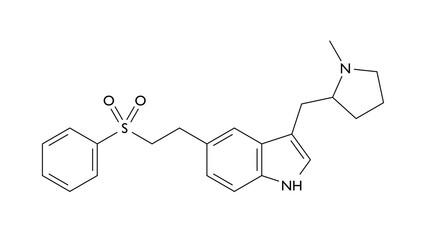 eletriptan molecule, structural chemical formula, ball-and-stick model, isolated image antimigraine agents
