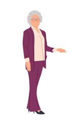Senior business woman standing in smart casual office outfit. Aged woman cartoon character vector realistic illustration isolated on transparent background.