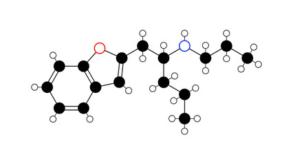 benzofuranylpropylaminopentane molecule, structural chemical formula, ball-and-stick model, isolated image antidepressants