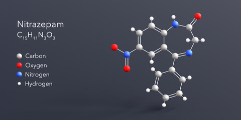 nitrazepam molecule 3d rendering, flat molecular structure with chemical formula and atoms color coding