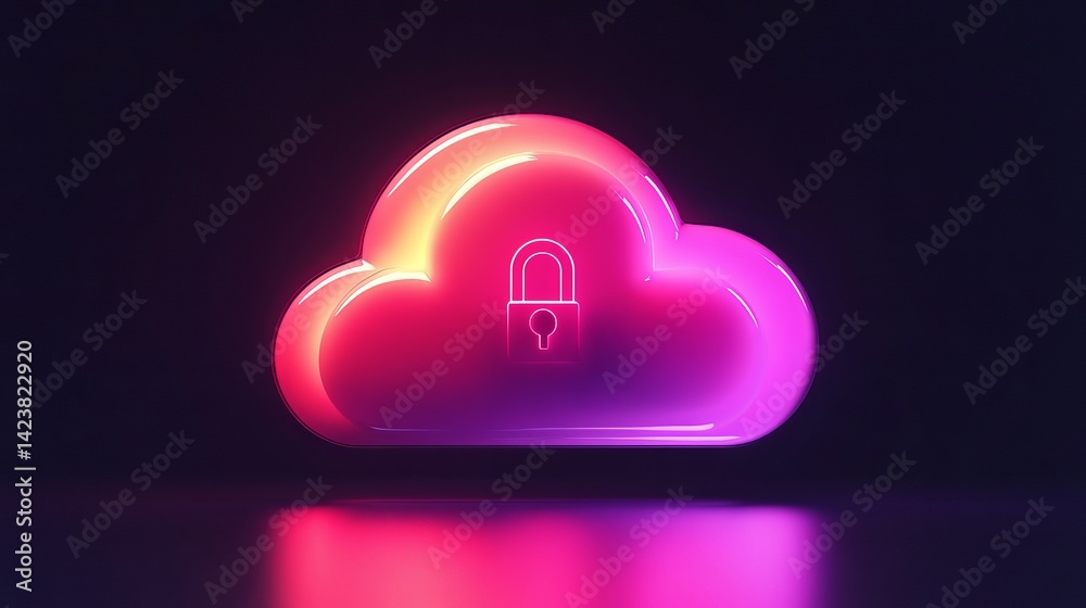 Poster secure cloud data protection digital neon icon pink purple gradient glossy technology abstract backg