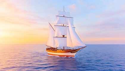 Obraz premium Majestic sailing ship glides across tranquil ocean at sunset, white sails billowing
