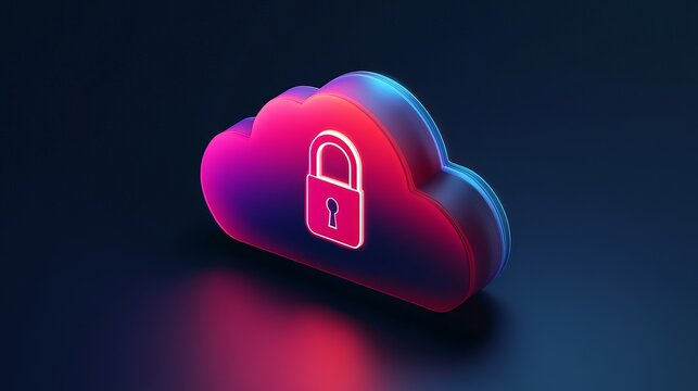 Secure Cloud Data Protection Neon Pink Blue Gradient Digital Art Modern Technology Network Safety Padlock Icon 3D Render Abstract Cloud Computing Secure Server Privacy Encryption Information          