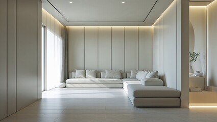 A serene space with soft light and streamlined surfaces