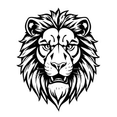 Obraz premium Lion head mascot, symmetrical, with a strong gaze and clean black outlines.